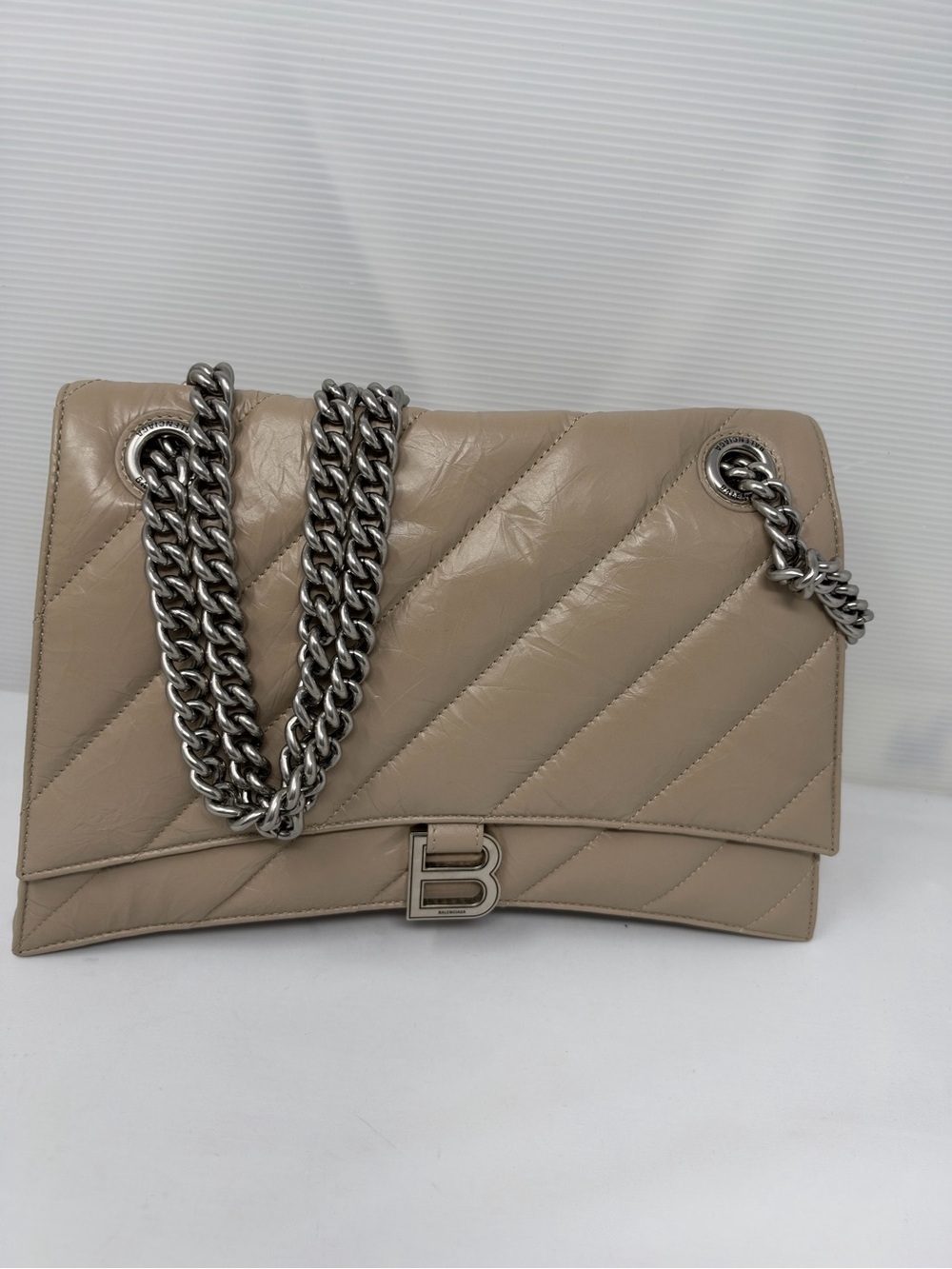 Balenciaga Taupe Quilted Leather Crossbody with Silver Chain